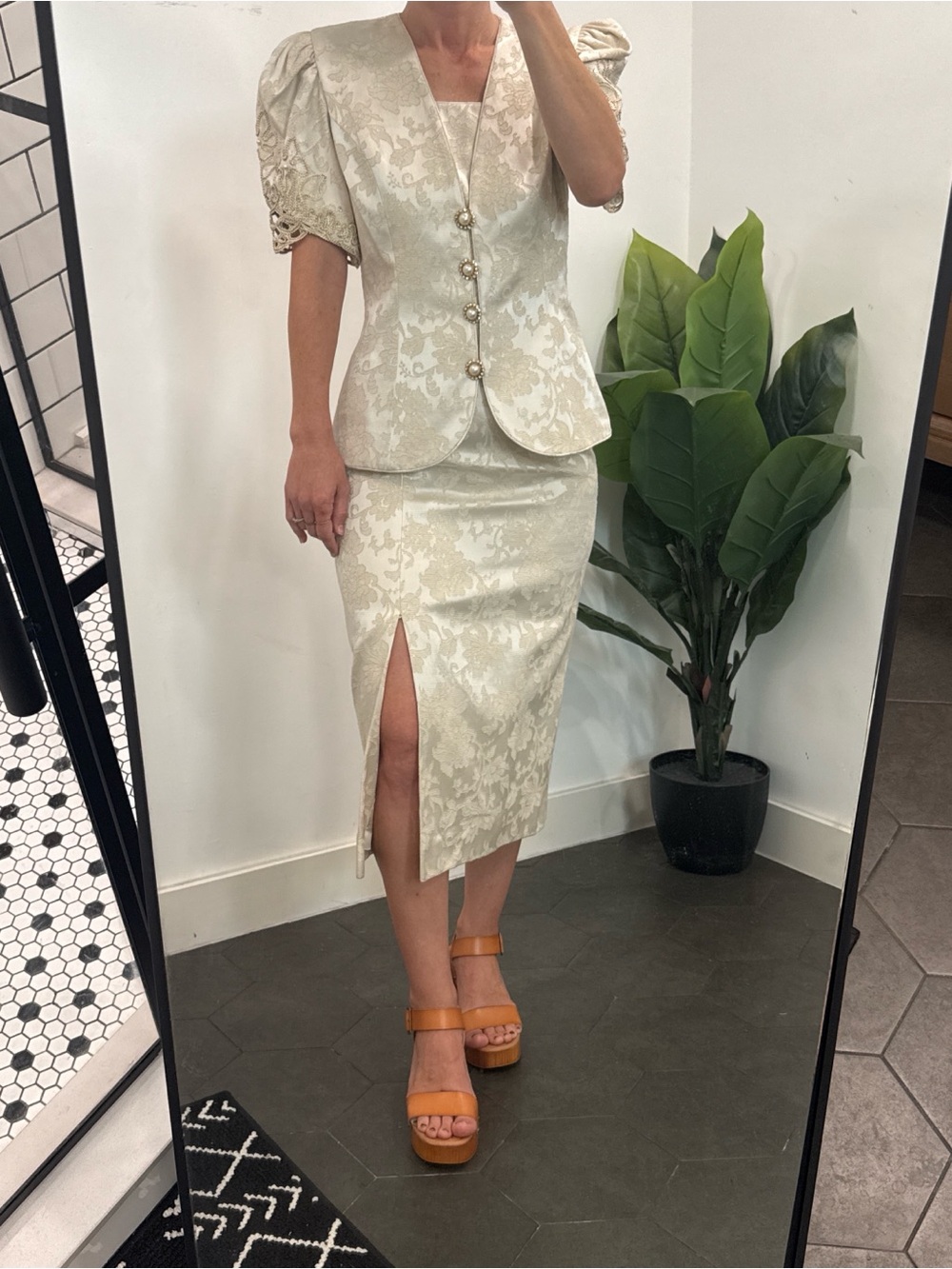 A vintage Karen Lawrence Cream Brocade Midi Dress with jacket